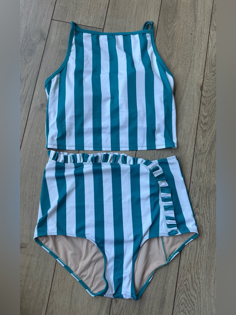 Kortni Jeane Teal and White Striped Girls' Two-Piece Swim Set